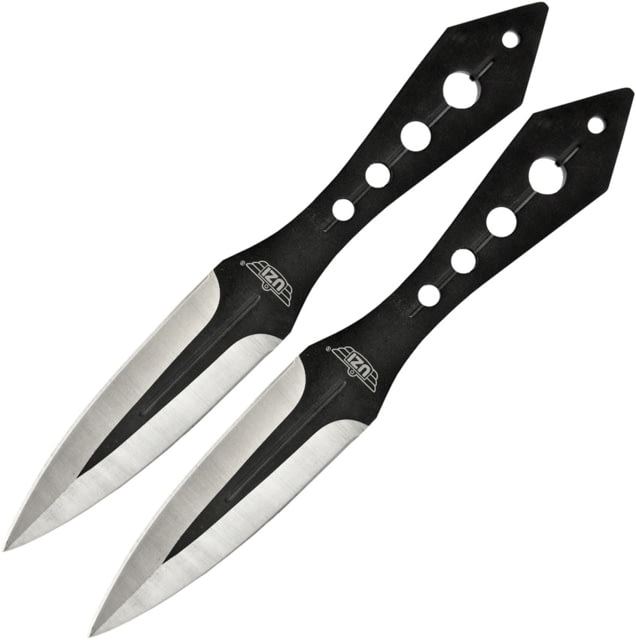 UZI Throwing Knife Set Two 8in Overall 3 1/2in Two-Tone Black Double Edge Blade Black SS Handle Black Nylon Sheath - Uzi