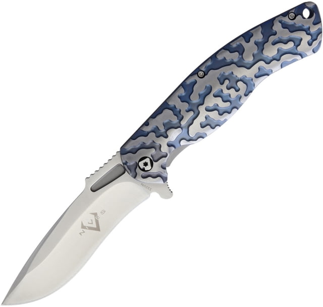 V NIVES Atmosphere Framelock Knife Atmosphere Framelock 4.63in Closed 3.5in Satin S35Vn SS Drop Point Blue/Silver Sculpted Titanium Handle Pocket Clip - V Nives