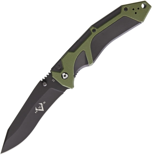 V NIVES Fractal Linerlock A/O Folding Knife 4.63in Closed 3.63in Black D2 Tool Steel Drop Point Green G10 Handle With Black Frn Insert Thumb Stud - V Nives