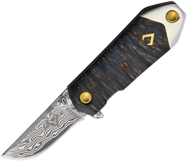 V NIVES KillaBite Framelock Wood Folding Knife 1.5" Damascus steel blade Blue wood handle with blue titanium back handle - V Nives