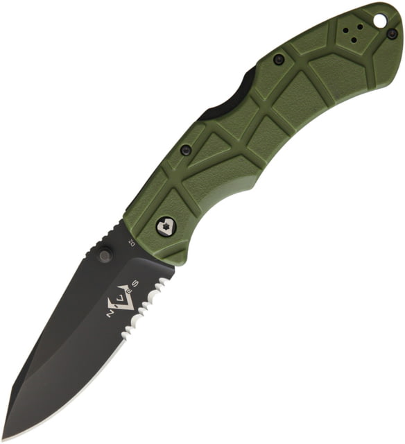 V NIVES Lockback Folding Knife 3.25" black finish partially serrated D2 tool stee OD green sculpted FRN handle - V Nives