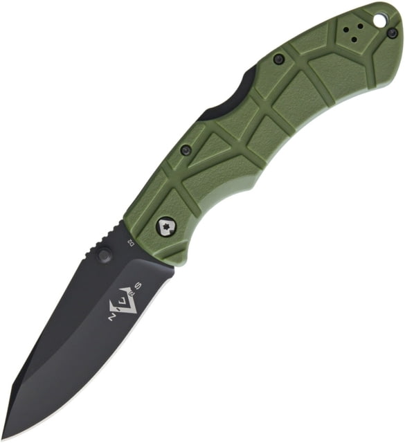 V NIVES Rocky II Lockback Folding Knife 4.63in Closed 3.25in Black D2 Tool Steel Drop Point OD Green Sculpted Frn Handle Thumb Stud Pocket Clip - V Nives