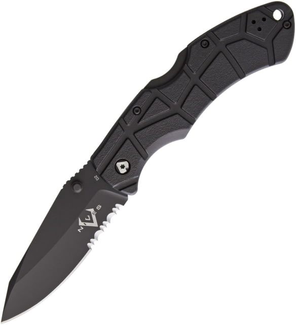 V NIVES Rocky II Lockback Folding Knife 4.63in Closed 3.25in Black Partially Serrated D2 Tool Steel Drop Point Black Sculpted Frn Handle Thumb Stud - V Nives