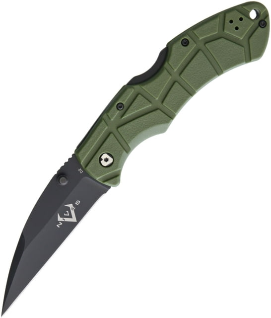 V NIVES Rocky Lockback Folding Knife 4.75in Closed 3.25in Black D2 Tool Steel Wharncliffe Blade OD Green Sculpted Frn Handle Thumb Stud Pocket Clip - V Nives