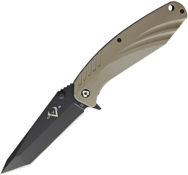 V NIVES SFL Framelock Folding Knife 4.5in Closed 3.5in Black D2 Tool Steel Tanto Blade Coyote Brown G10 Handle Thumb Stud Pocket Clip Storage Case. - V Nives