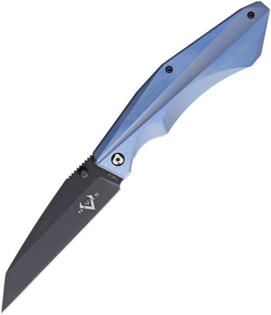 V NIVES Sportster Framelock Folding Knife 4.88in Closed 3.88in Black 154Cm SS Wharncliffe Blade Blue Sculpted Titanium Handle Thumb Stud Storage Case. - V Nives
