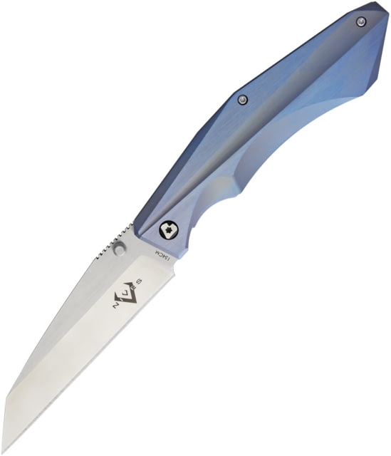 V NIVES Sportster Framelock Folding Knife 4.88in Closed 3.88in Satin 154Cm SS Wharncliffe Blade Blue Anodized Titanium Handle Thumb Stud Pocket Clip - V Nives
