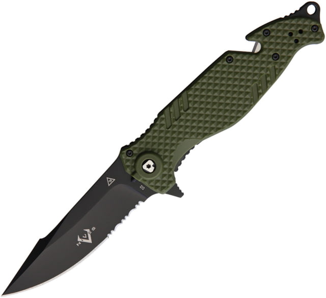 V NIVES TGL Trailblazer Linerlock OD Folding Knife 3.75" black finish partially serrated D2 tool stee OD green FRN handle - V Nives