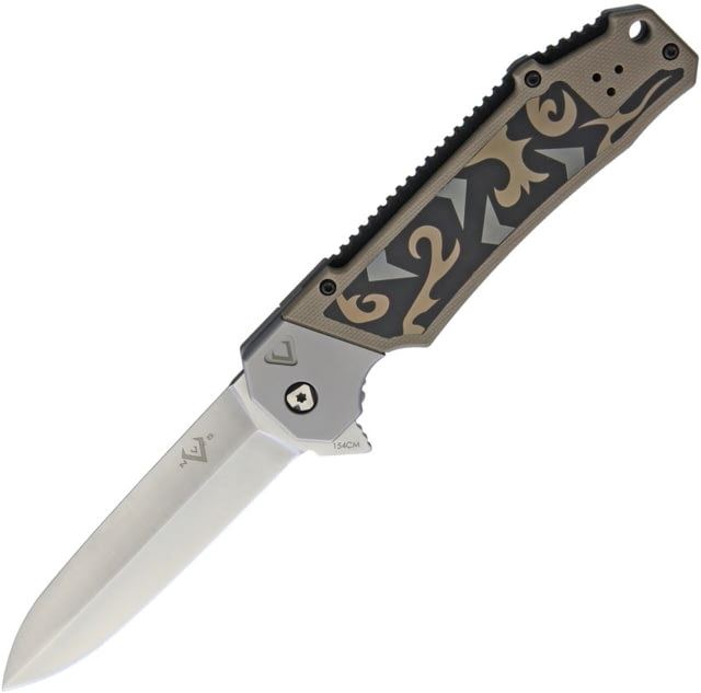 V NIVES Vamp Linerlock Folding Knife 4.75in Closed 3.5in Satin 154Cm SS Dagger Blade Tan G10 Handle With SS Inlay Pocket Clip Storage Case. - V Nives