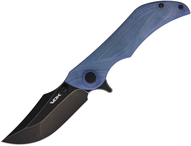 VDK Knives Talisman Linerlock Folding Knife 3.25" black stonewash finish D2 tool steel blade Blue G10 handle Extended tang