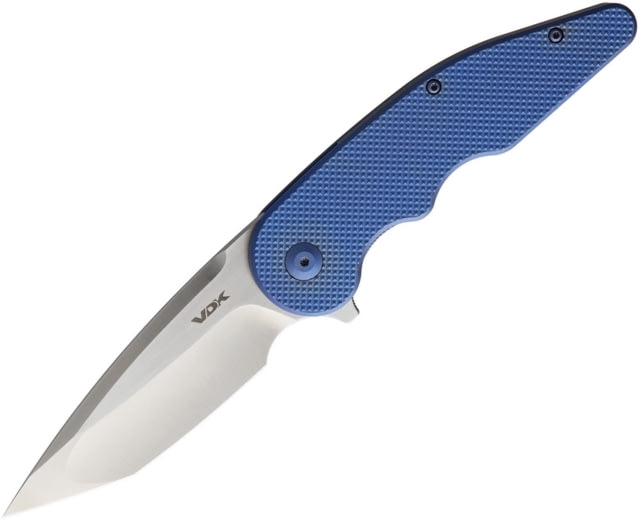 VDK Knives Wasp Framelock Folding Knife 4.75in Closed 3.5in Satin Bohler M390 SS Tanto Blade Blue Checkered Titanium Handle Pocket Clip