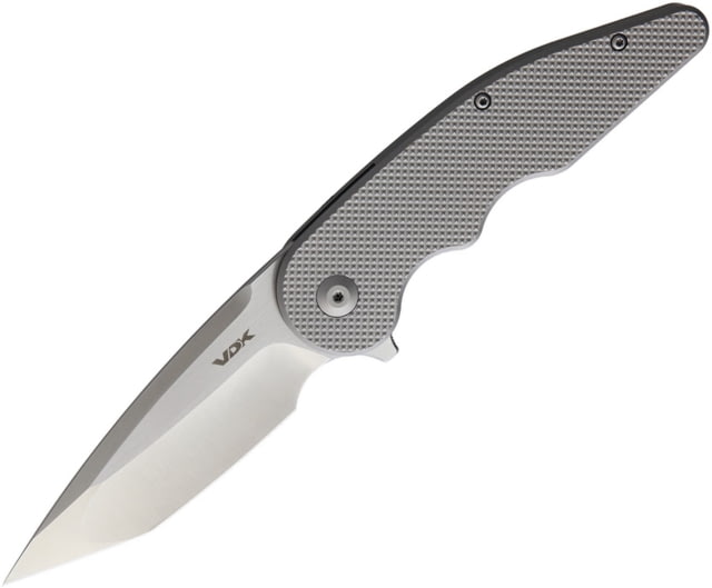 VDK Knives Wasp Framelock Folding Knife 4.75in Closed 3.5in Satin Bohler M390 SS Tanto Blade Gray Checkered Titanium Handle Pocket Clip