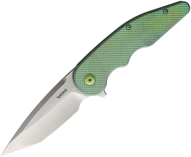 VDK Knives Wasp Framelock Folding Knife 4.75in Closed 3.5in Satin Bohler M390 SS Tanto Blade Green Checkered Titanium Handle Pocket Clip Extended Tang