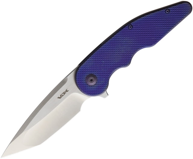 VDK Knives Wasp Framelock Folding Knife 4.75in Closed 3.5in Satin Bohler M390 SS Tanto Blade Purple Checkered Titanium Handle Pocket Clip