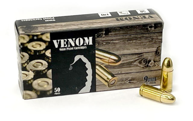 Venom 9mm Luger 115 Grain Full Metal Jacket Brass Cased Centerfire Pistol Ammo 50 Rounds - Venom