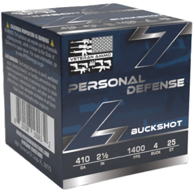 Veteran Ammo Personal Defense .410 Gauge 2 1/2 in 1/5 oz 4 Pellet Buckshot Ammo 25 Rounds - Veteran Ammo