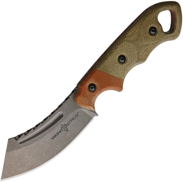 Viking Tactics The Patriot Knife 6.75in Overall 3in Tumbled Finish 1095Hc Steel Blade Green/ Brown Canvas Micarta Handle Tan Kydex Sheath - Viking Tactics