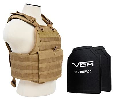 Vism  Series Plate Carrier Vest w/ Two BSC1012 PE Hard Plates - Shooters Cut 10in X12in Tan - Vism