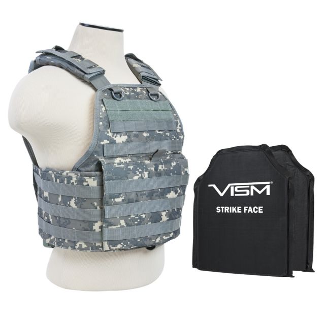 Vism  Series Plate Carrier Vest w/ Two BSC1012 Soft Ballistic Panels - Shooters Cut 10in X12in Digital Camo - Vism