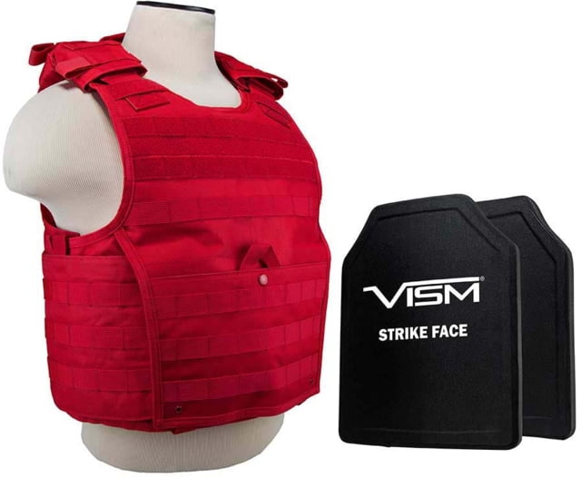 VISM Expert Plate Carrier Vest w/Two 10X12 LVL III+ Shooters Cut Hard Ballistic Plates Med - 2XL Red - Vism