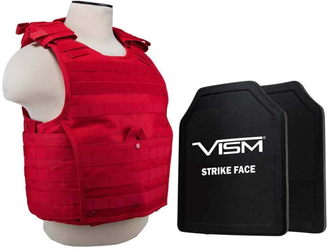 VISM Expert Plate Carrier Vest w/Two 11X14 LVL III+ Shooters Cut Hard Ballistic Plates Med - 2XL Red - Vism