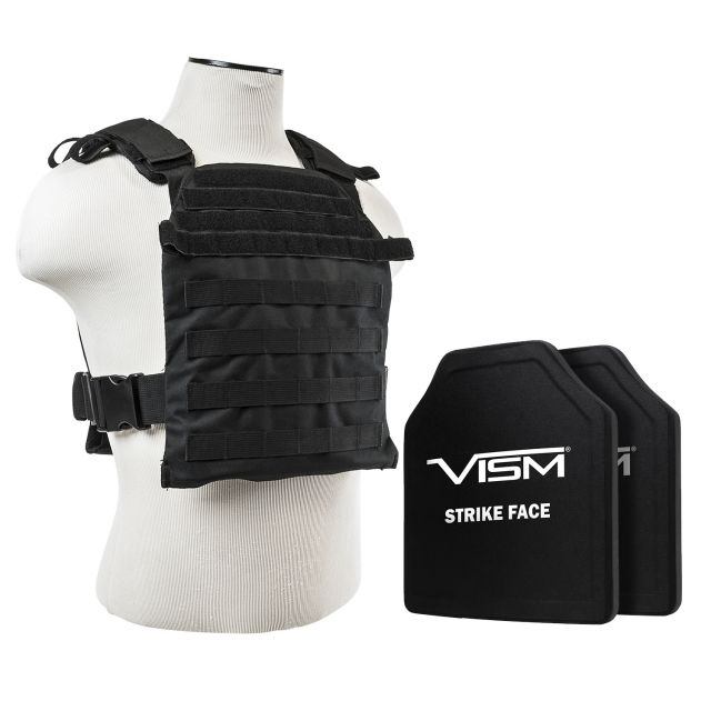 Vism Fast Plate Carrier w/2 10x12in Level III and PE Shooters Cut Hard Ballistic Plates Black - Vism