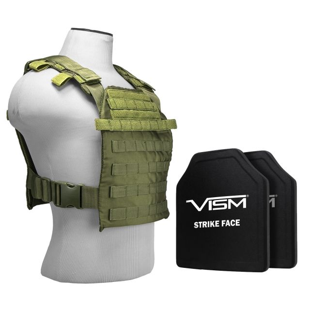 Vism Fast Plate Carrier w/2 10x12in Level III and PE Shooters Cut Hard Ballistic Plates Green - Vism