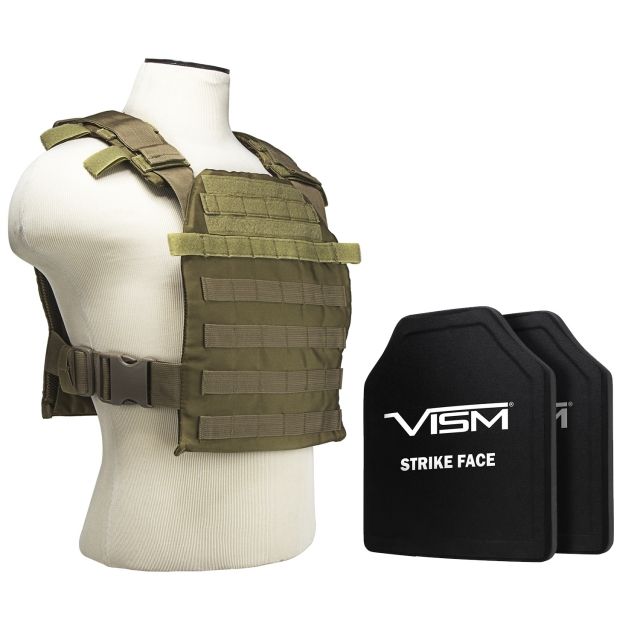 Vism Fast Plate Carrier w/2 10x12in Level III and PE Shooters Cut Hard Ballistic Plates Tan - Vism