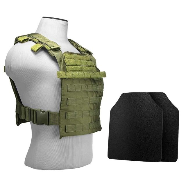 Vism Fast Plate Carrier w/2 10x12in Level IIIA Shooters Cut Hard Ballistic Plates Green - Vism
