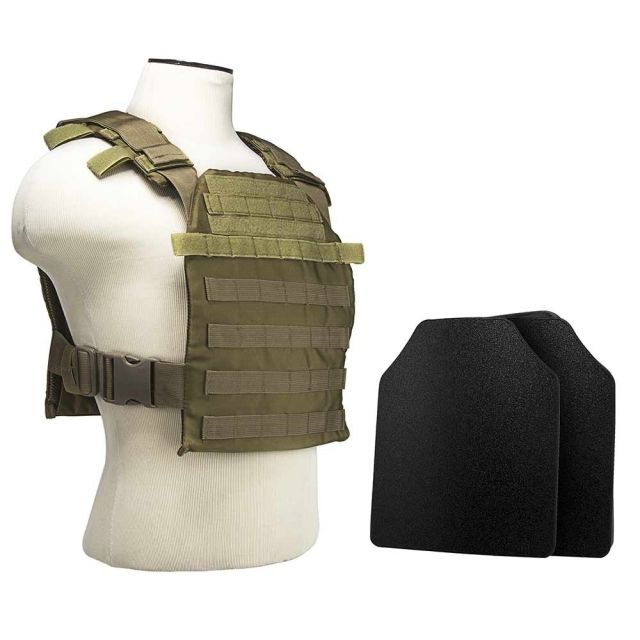 Vism Fast Plate Carrier w/2 10x12in Level IIIA Shooters Cut Hard Ballistic Plates Tan - Vism