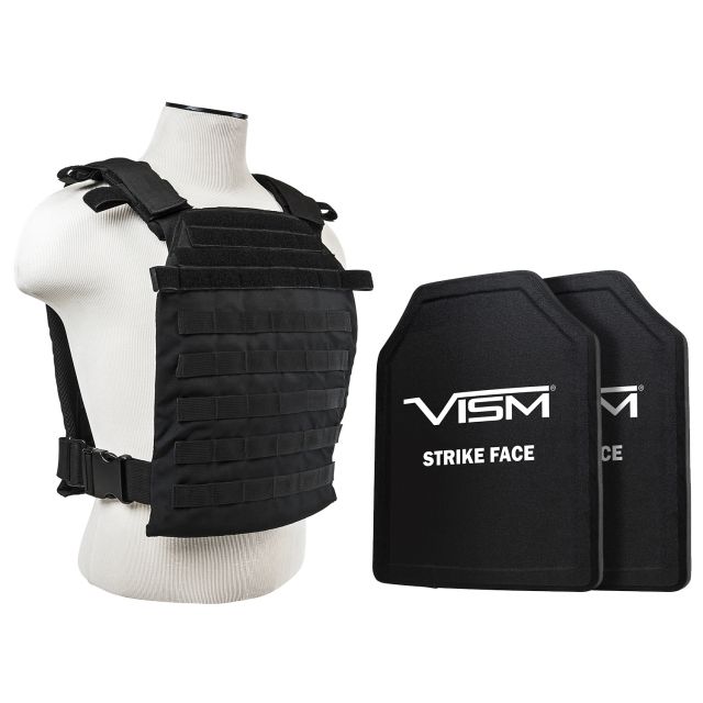 Vism Larger Fast Plate Carrier w/2 11x14in Level III and PE Shooters Cut Hard Ballistic Plates Black - Vism