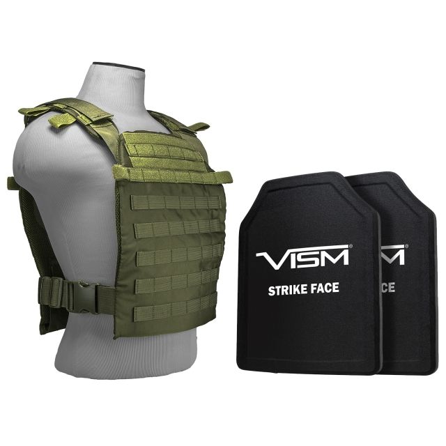 Vism Larger Fast Plate Carrier w/2 11x14in Level III and PE Shooters Cut Hard Ballistic Plates Green - Vism