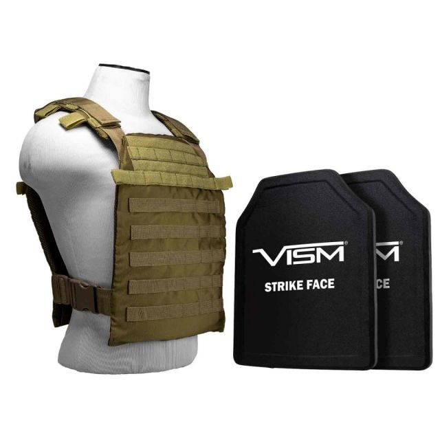 Vism Larger Fast Plate Carrier w/2 11x14in Level III and PE Shooters Cut Hard Ballistic Plates Tan - Vism