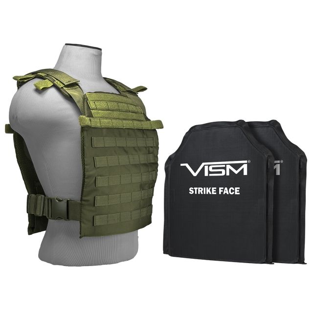 Vism Larger Fast Plate Carrier w/2 11x14in Level IIIA Shooters Cut Soft Ballistic Panels Green - Vism