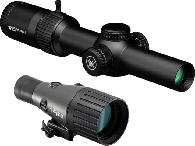 Vortex Strike Eagle 1-8x24mm Rifle Scope, 30mm Tube, Second Focal Plane, Red AR-BDC3 Reticle and TRYBE Optics Enhancer Rifle Scope Magnification Quadrupler