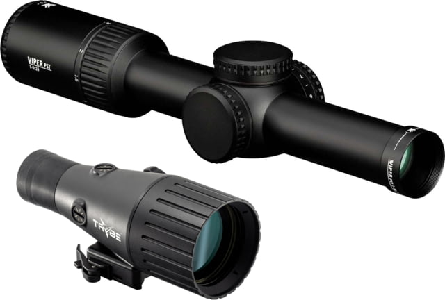 Vortex Viper PST Gen II 1-6x24mm Rifle Scope, 30mm Tube, Second Focal Plane, Red VMR-2 MRAD Reticle and TRYBE Optics Enhancer Rifle Scope Magnification Quadrupler