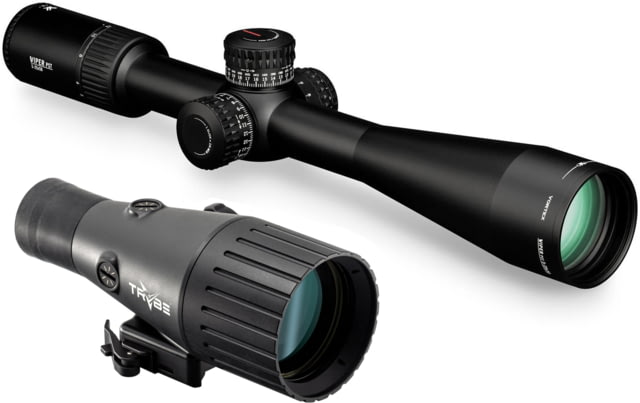 Vortex Viper PST Gen II 5-25x50mm Rifle Scope, 30mm Tube, First Focal Plane, Red EBR-7C MRAD Reticle and TRYBE Optics Enhancer Rifle Scope Magnification Quadrupler