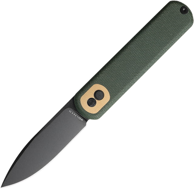 Vosteed Corgi BSW Green Micarta Folding Knife 4.13in Closed 3in Black Stonewash 14C28N Sandvik SS Modified Drop Point Blade Green Canvas Micarta