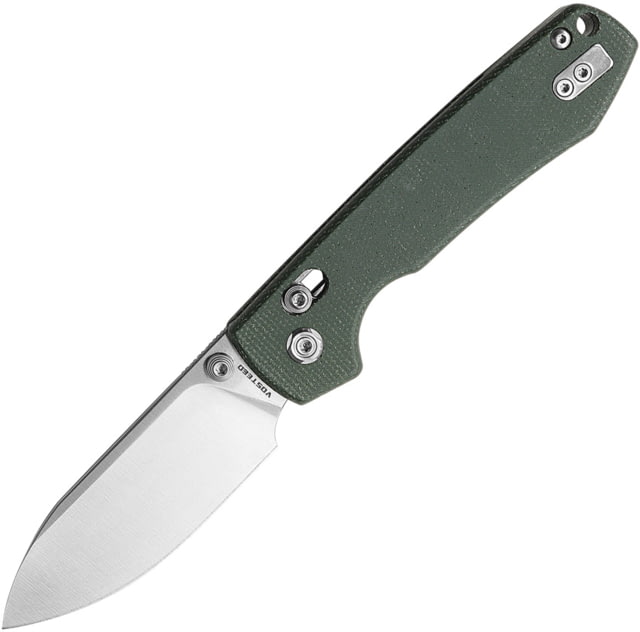 Vosteed Raccoon Crossbar Lock Folding Knife 3.25in 14C28N Satin Drop Point Blade Green Micarta Handle