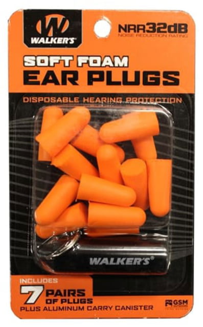Walkers Walkers Foam Ear Plug w/Black Aluminum Carry Canister 32 dB NRR 7-Pairs Neon Orange - $6.99 at Optics Planet