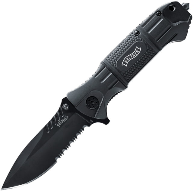 Walther Black Tac Linerlock Folding Knife 3.38" black finish partially serrated 440C stainle Black aluminum handle - Walther