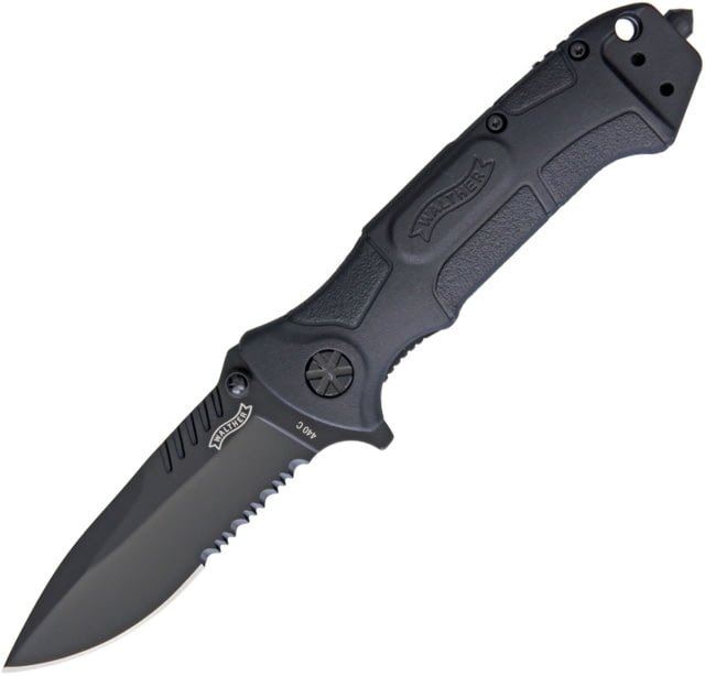 Walther BTK 2 Tac Linerlock Folding Knife 4.75in Closed 3.25in Black Partially Serrated 440C SS Drop Point Black Nylon Handle Glass Breaker Pocket - Walther