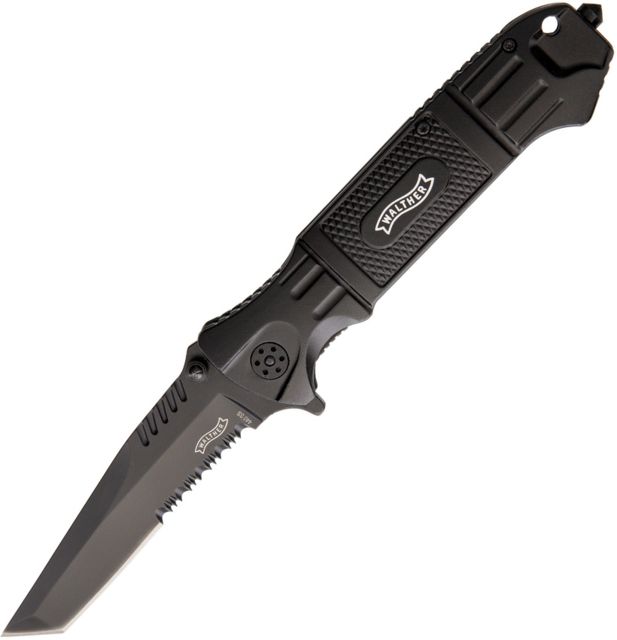 Walther Arms BTTK Black Tac Tanto Folding Knife4in440 Stainless SteelPartially SerratedTanto Black Aluminum Handle - Walther Arms