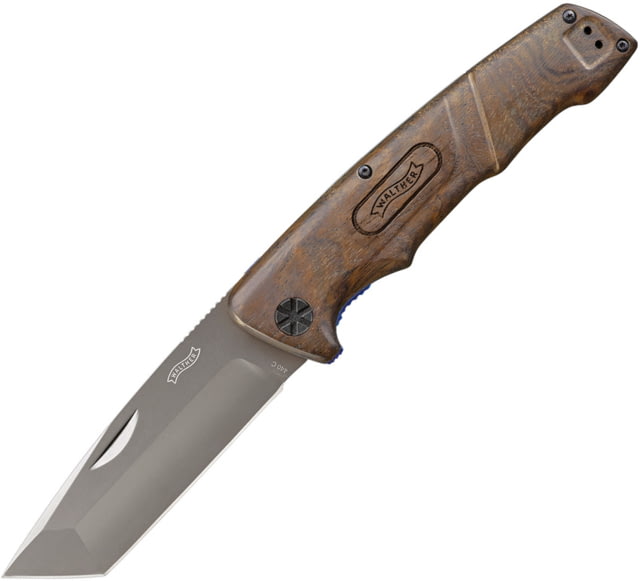Walther BWK-4 Linerlock Folding Knife 3.75" satin finish 440C stainless tanto blade Walnut handle - Walther