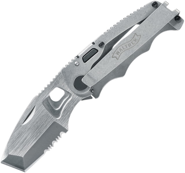 Walther CFK Chisel Framelock Folding Knife 3.25in Closed 2.5in Stonewash Partially Serrated 440C SS Blade Finger Grooved SS Handle Chisel Grind Blade - Walther