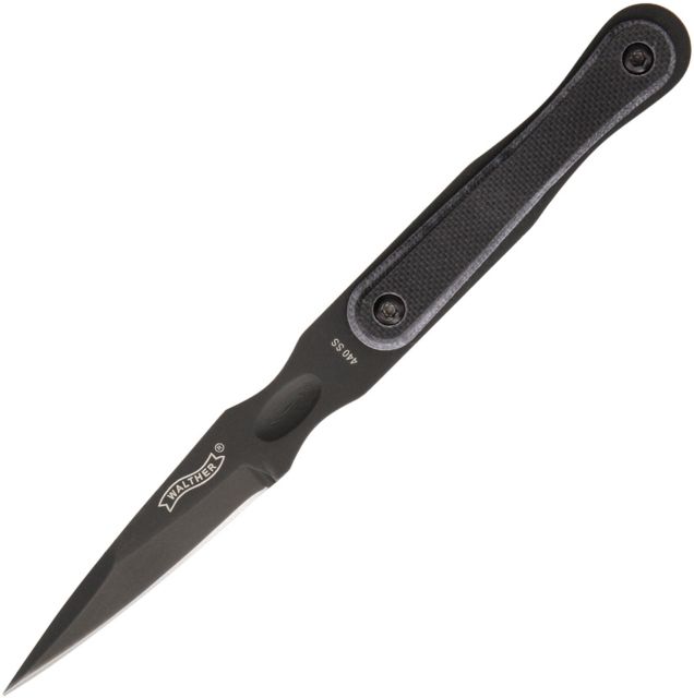 Walther Arms MDK Micro Defense Knife Fixed Blade Knife 2in 440 Stainless Steel Standard Edge Spear Point Black Synthetic Handle - Walther Arms