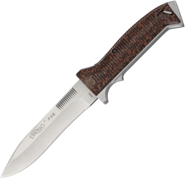 Walther P38 Knife Fixed Blade Knife 5.375in 440C Steel Drop Point Satin Stainless Handle - Walther