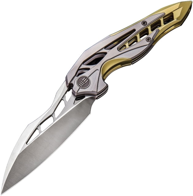 We Knife Co Ltd Arrakis Framelock Folding Knife 4.5in Closed 3.5in Satin Bohler M390 SS Blade Gold And Silver Titanium Handle Pocket Clip Black Nylon - We Knife Co Ltd
