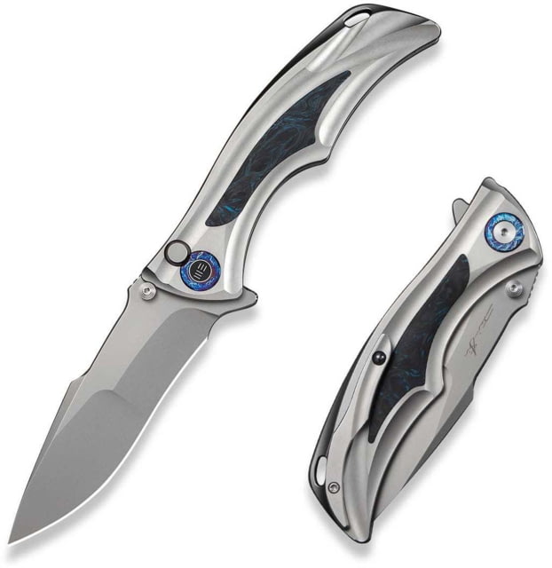 We Knife Co Ltd Weknife Tighe Down Flipper & Thumb Stud & Button Lock Knife Gray Titanium Integral Handle With Black & Blue Carbon Fiber Inlay - We Knife Co Ltd