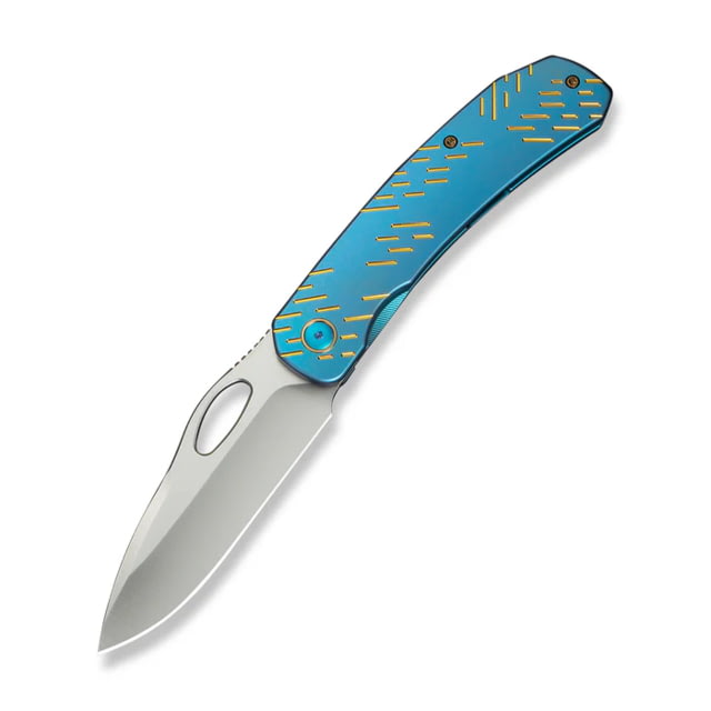 We Knife Co Ltd Weknife Inmate Front Flipper & Thumb Hole Knife Blue Titanium Handle With Golden Raindrops 3.7inch Satin Finished Cpm 20cv Blade